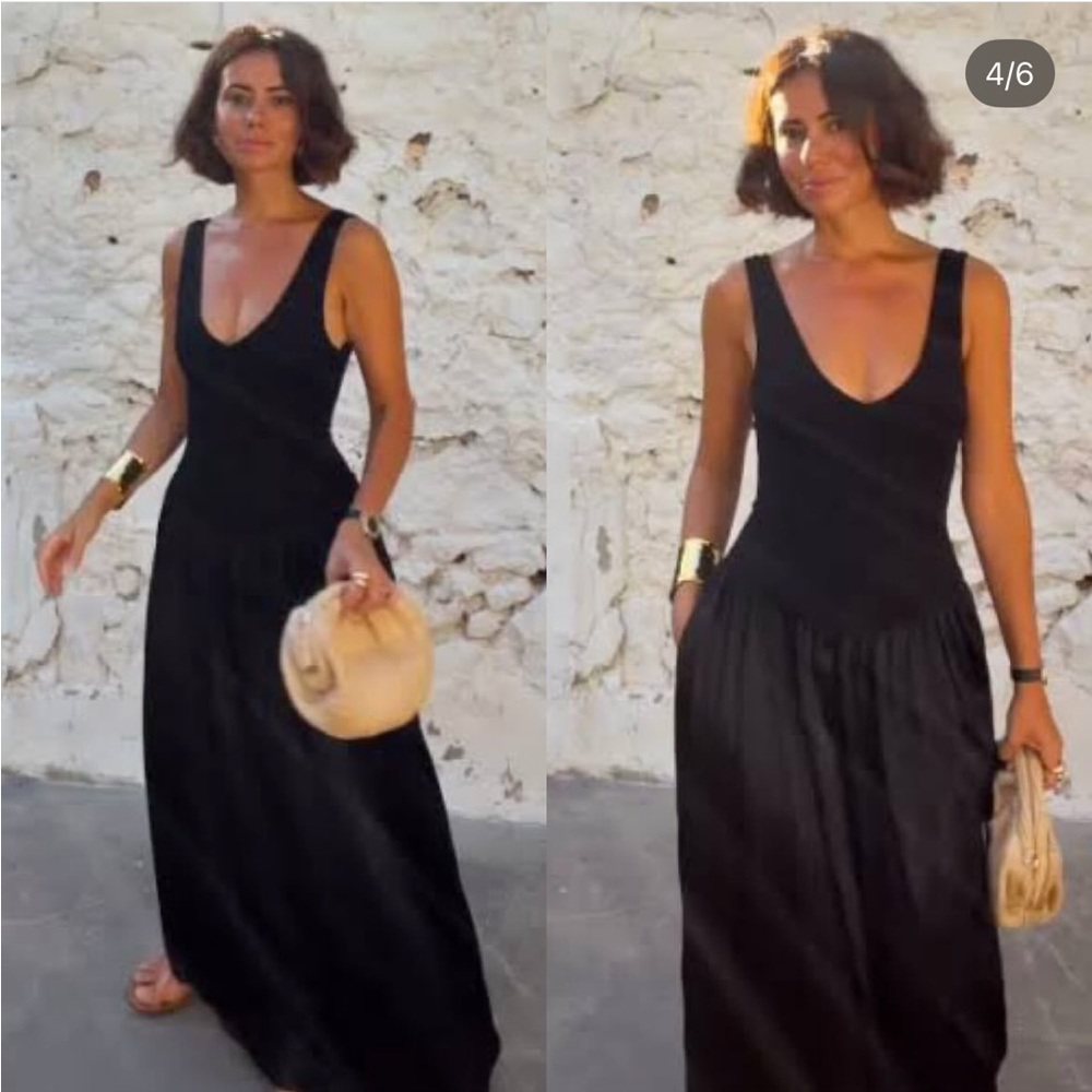 Zara Black Contrast Midi Dress V-neck Dropped waist Tonal fabric size S NWT - Picture 6 of 16